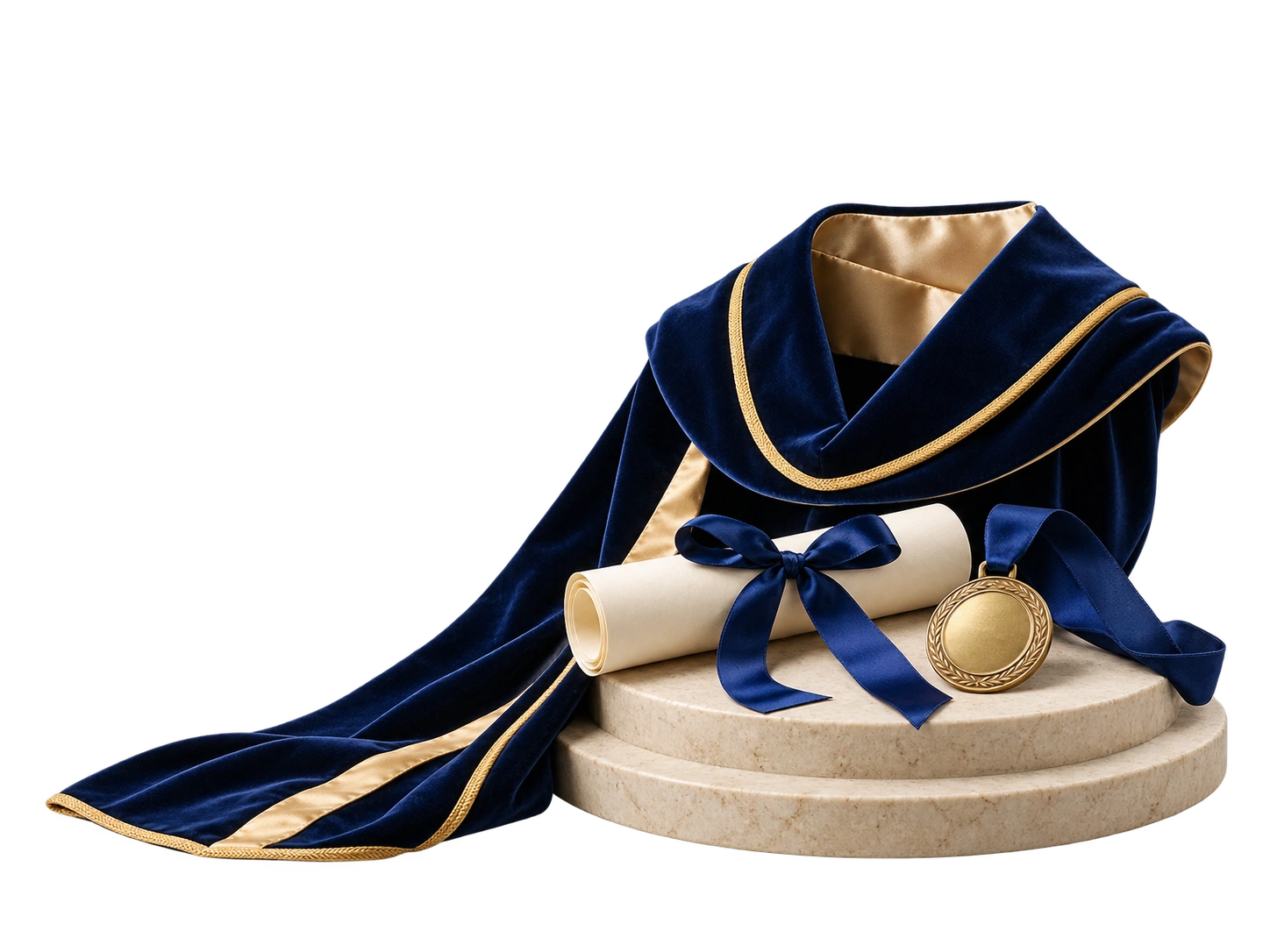 A ceremonial academic hood, parchment and presentation medallion