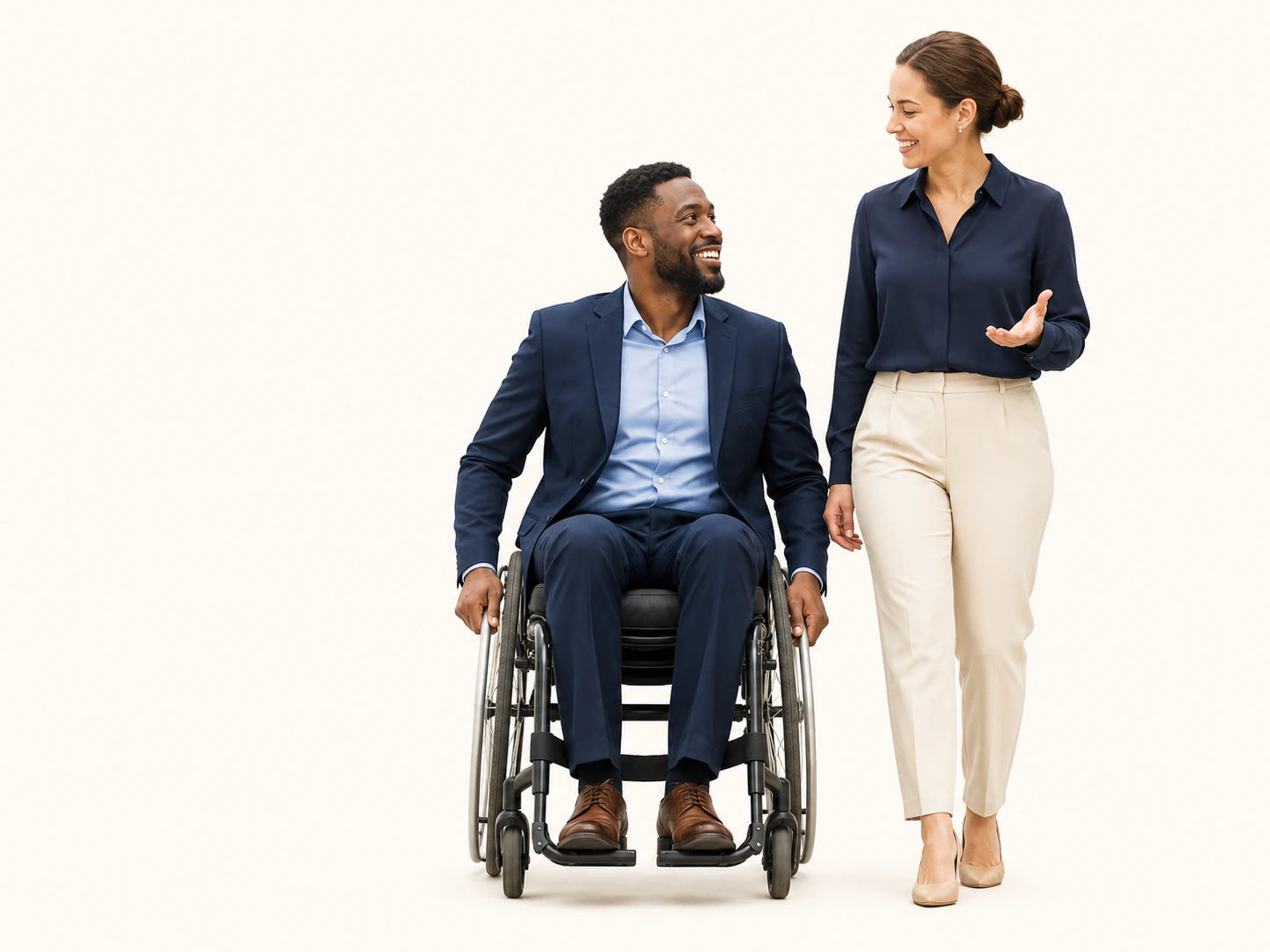 Two professionals moving forward together accessibly