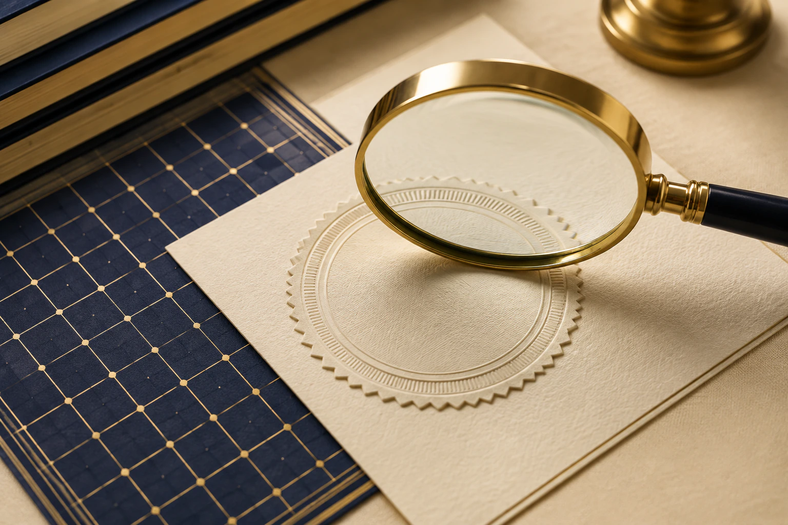 A magnifying glass examining an embossed accreditation seal