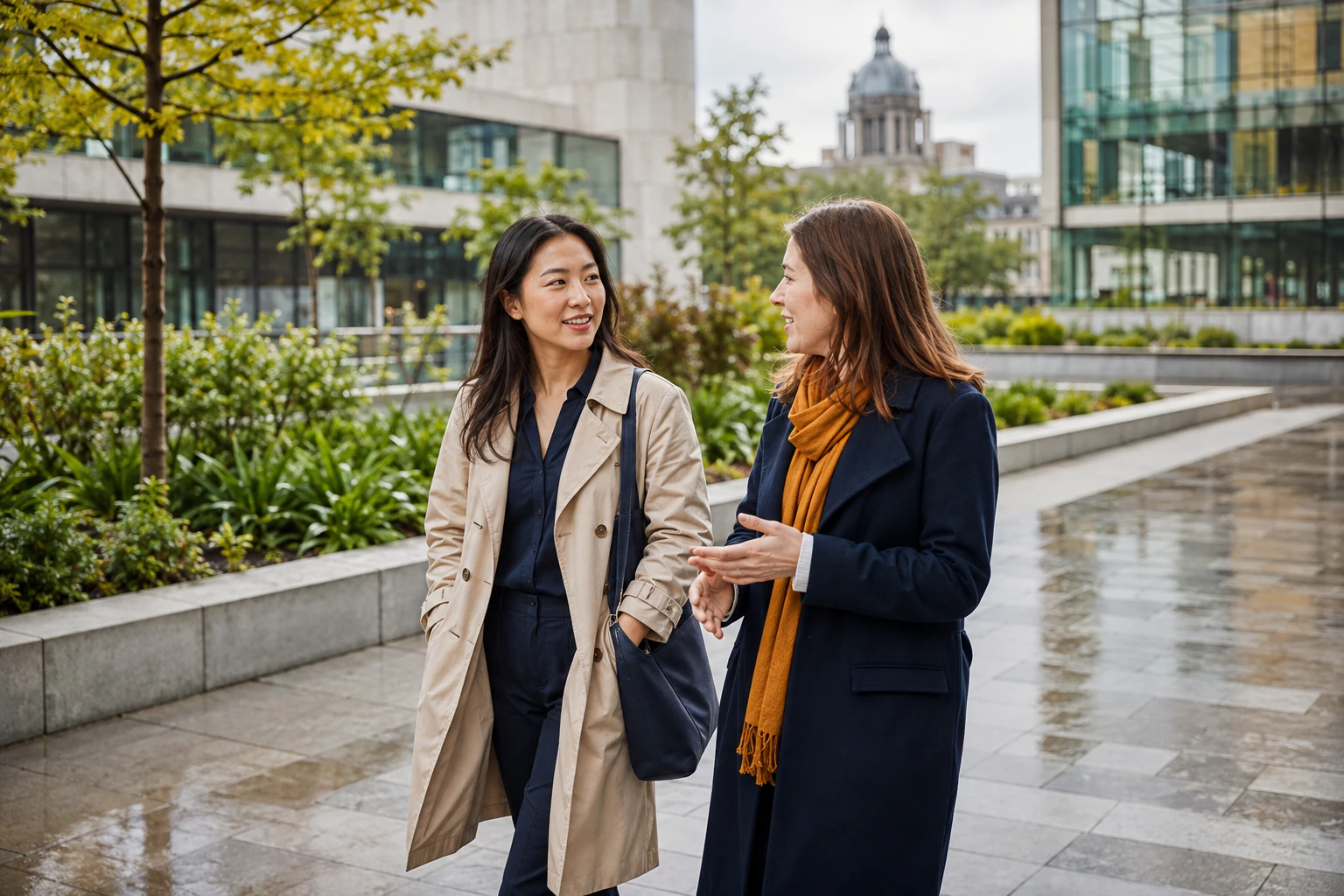 An applicant and adviser walking through an Irish campus