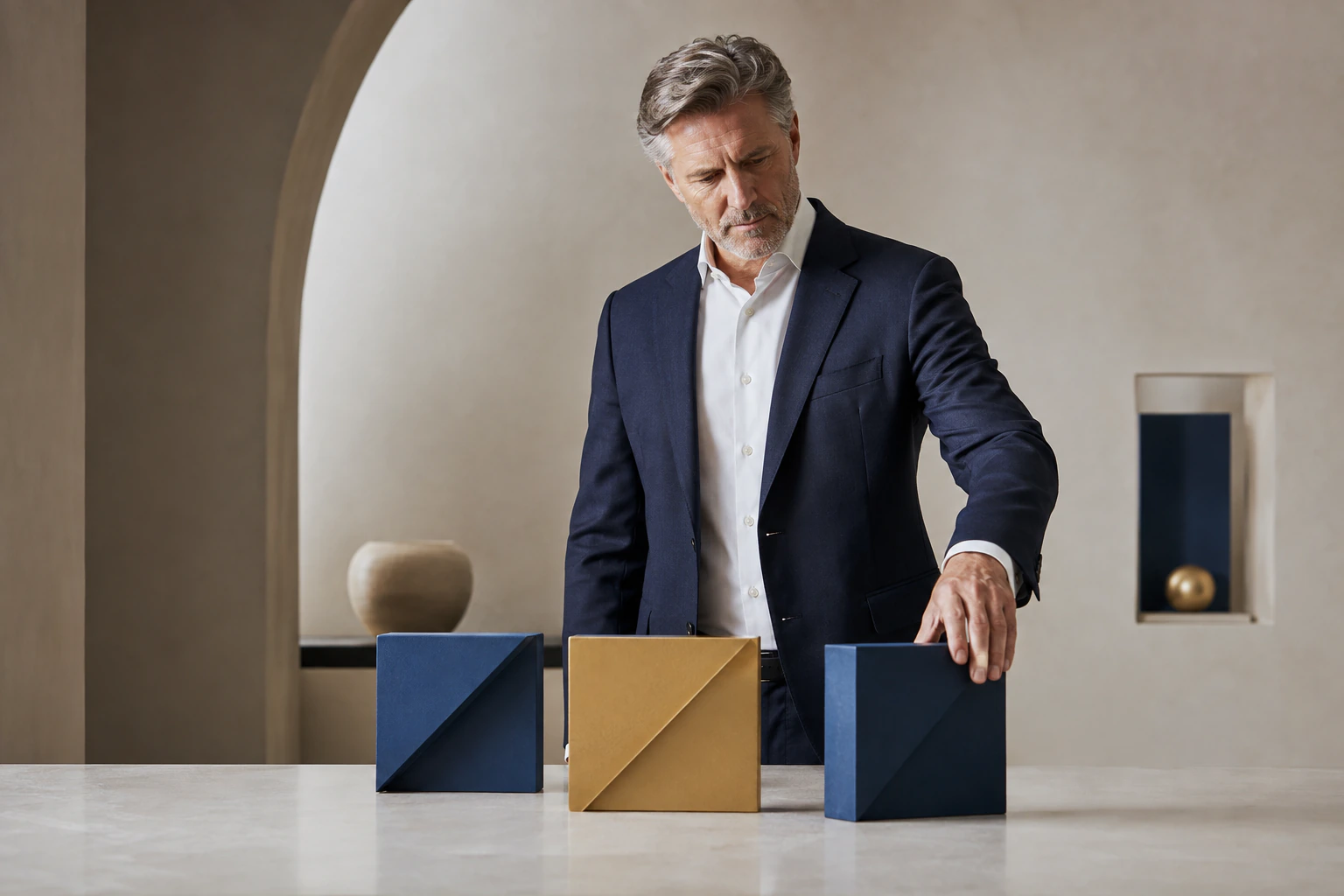 An executive arranging business strategy blocks