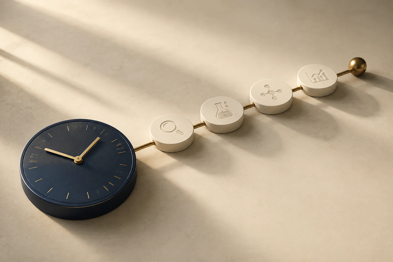 A clock connected to a sequence of research milestones